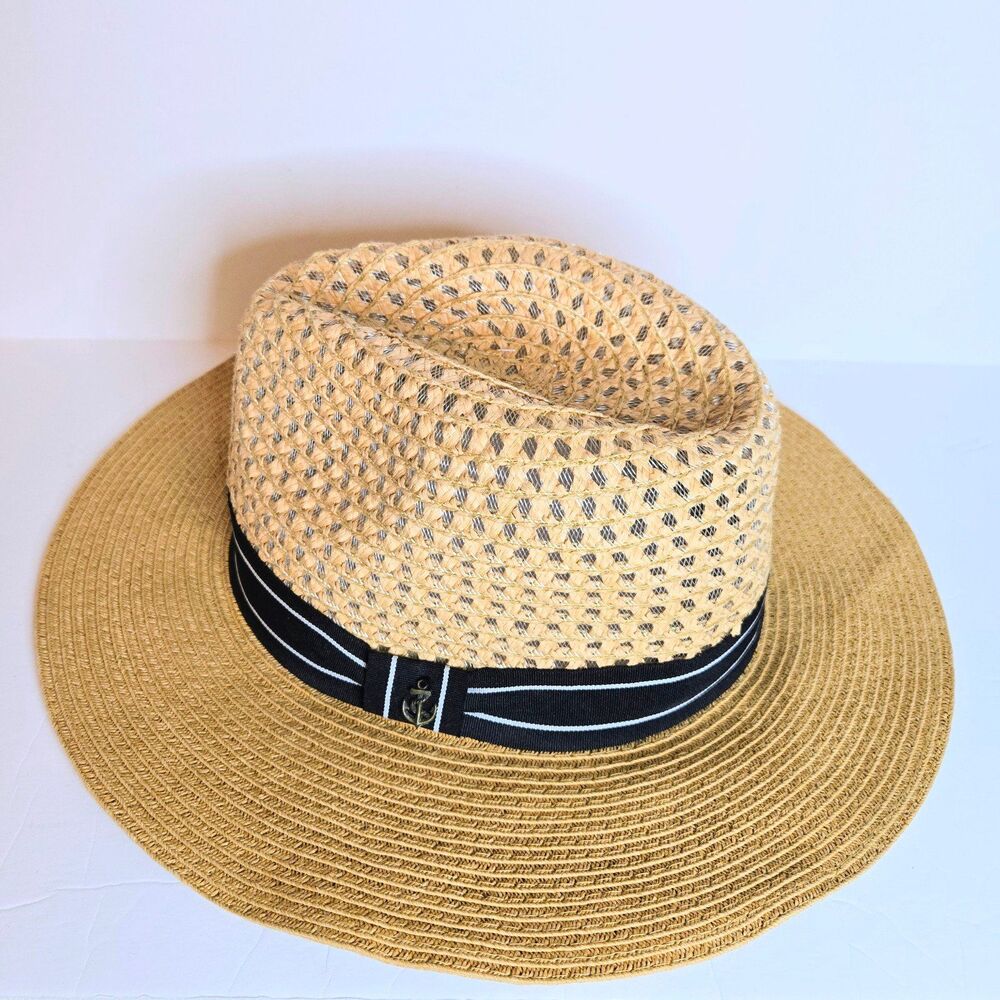 OLIVE & PIQUE Straw Hat Headwear Wide Brim Fedora Black/White Ribbon With Anchor